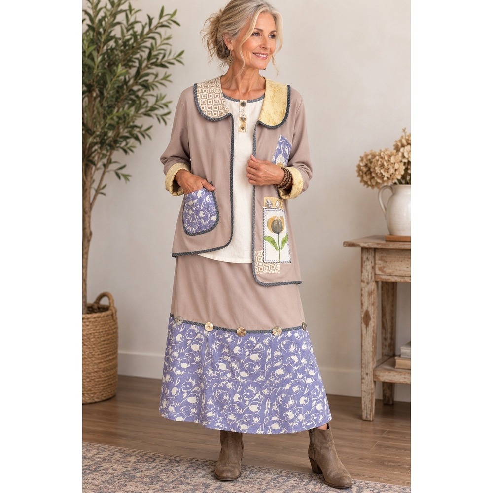 Udindo 3-Piece Skirt Set M Boho Patchwork Floral Applique Jacket Tank Tan Purple